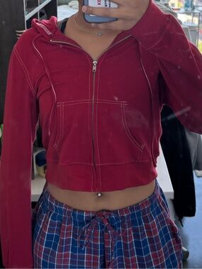 Cropped Wine Red Zip-Up Hoodie